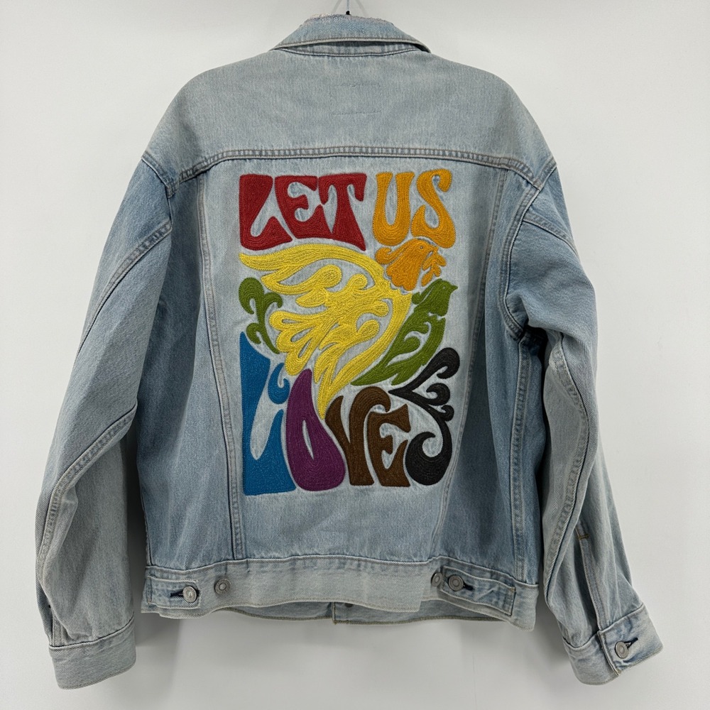 Levis Premium Pride Let Us Love Embroidered Denim Trucker Jacket Light Wash S